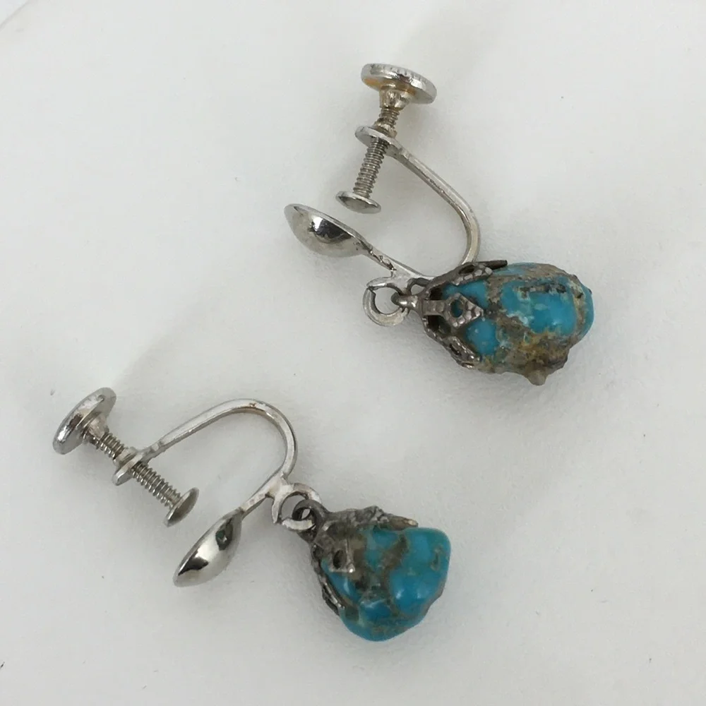 Vintage Screw Back Blue Moon Turquoise Dangle Earrings Silver Tone Filigree